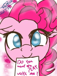 Size: 1080x1440 | Tagged: safe, artist:crystal snow, pinkie pie, earth pony, pony, g4, cute, deep pink, female, mare, mouth hold, party, pink, shine, smiling, smiling at you, weapons-grade cute