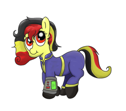 Size: 1200x1050 | Tagged: safe, oc, oc only, oc:chocolate sweets, earth pony, pony, fallout equestria, belgium, clothes, jumpsuit, pipbuck, red eyes, solo, vault suit