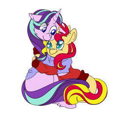 Size: 2336x2296 | Tagged: safe, artist:bublebee123, artist:icicle-niceicle-1517, color edit, edit, starlight glimmer, sunset shimmer, pony, unicorn, g4, clothes, collaboration, colored, ear piercing, earring, female, heart eyes, high res, hug, jewelry, lesbian, mare, missing cutie mark, nose piercing, nose ring, palindrome get, piercing, ship:shimmerglimmer, shipping, simple background, sweater, transparent background, wingding eyes
