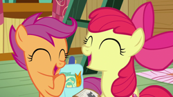Size: 1920x1080 | Tagged: safe, screencap, apple bloom, scootaloo, earth pony, pegasus, pony, g4, growing up is hard to do, adorabloom, apple bloom's bow, bag, bow, carrot, chips, clubhouse, crusaders clubhouse, cute, cutealoo, eyes closed, female, filly, foal, food, hair bow, laughing, open mouth, raised hoof, saddle bag, the cmc's cutie marks
