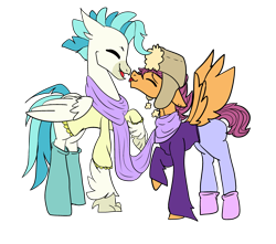 Size: 2861x2529 | Tagged: safe, artist:bublebee123, artist:icicle-niceicle-1517, color edit, edit, scootaloo, terramar, hippogriff, pegasus, pony, g4, boop, clothes, collaboration, colored, ear piercing, earring, gay, half r63 shipping, hat, high res, jeans, jewelry, lip piercing, male, noseboop, older, older scootaloo, pants, piercing, rule 63, scarf, scooteroll, ship:terraloo, ship:terraroll, shipping, shirt, simple background, socks, stallion, sweater, transparent background, ushanka