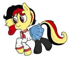 Size: 868x722 | Tagged: safe, oc, oc only, oc:chocolate sweets, earth pony, pony, belgium, clothes, sailor uniform, school uniform, simple background, skirt, solo, uniform, white background
