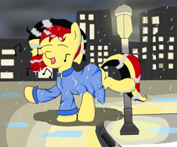 Size: 1200x1000 | Tagged: safe, oc, oc only, oc:chocolate sweets, pony, belgium, city, dancing, lamppost, puddle, rain, raincoat, scenery, singing, solo, wet, wet mane