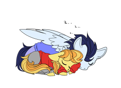 Size: 3034x2204 | Tagged: safe, artist:bublebee123, artist:icicle-niceicle-1517, color edit, edit, braeburn, soarin', earth pony, pegasus, pony, g4, clothes, collaboration, colored, ear piercing, earring, eyes closed, gay, high res, jeans, jewelry, male, nose piercing, nose ring, onomatopoeia, pants, piercing, ship:soarburn, shipping, simple background, sleeping, sound effects, stallion, sweater, transparent background, zzz