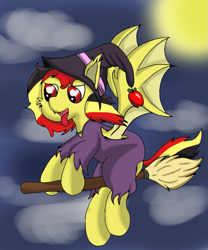 Size: 833x1000 | Tagged: safe, oc, oc only, oc:chocolate sweets, bat pony, pony, belgium, broom, clothes, costume, flying, flying broomstick, halloween, halloween costume, hat, holiday, solo, tongue out, witch, witch hat