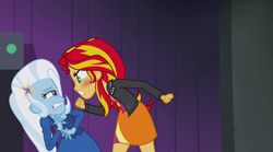 Size: 1920x1071 | Tagged: safe, screencap, sunset shimmer, trixie, equestria girls, g4, my little pony equestria girls: rainbow rocks, angry, blushing, female
