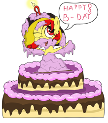 Size: 1200x1371 | Tagged: safe, artist:amateur-draw, oc, oc only, oc:chocolate sweets, pony, belgium, birthday, birthday cake, birthday candle, cake, candle, covered in cake, food, messy, messy eating, messy mane, one eye closed, pie, pied, popping out of a cake, solo, text, wet and messy, wink, winking at you