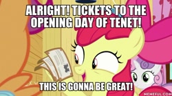 Size: 600x337 | Tagged: safe, edit, edited screencap, screencap, apple bloom, scootaloo, sweetie belle, g4, growing up is hard to do, caption, cutie mark crusaders, image macro, memeful.com, tenet, text