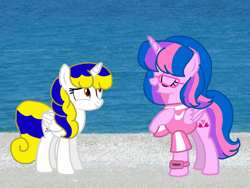 Size: 1440x1080 | Tagged: safe, artist:徐詩珮, oc, oc:hsu amity, oc:starflashing twinkle, alicorn, pony, alicorn oc, beach, clothes, duo, eyelashes, eyes closed, female, glasses, hooves to the chest, horn, mare, open mouth, outdoors, raised hoof, smiling, wings