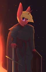 Size: 2300x3600 | Tagged: safe, artist:chapaevv, oc, oc only, oc:fire bolt, anthro, armor, commission, fire, high res, knight, looking at you, male, shield, solo, sword, weapon
