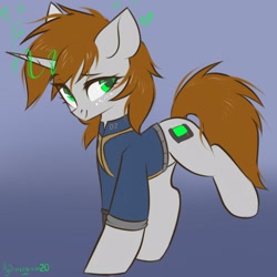 Size: 1600x1600 | Tagged: safe, artist:mysha, oc, oc only, oc:littlepip, pony, unicorn, fallout equestria, clothes, cute, eyes open, fanfic, fanfic art, female, freckles, gradient background, green eyes, heart, hooves, horn, jumpsuit, looking at you, magic, mare, pipbuck, raised leg, smiling, solo, vault suit