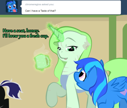 Size: 900x766 | Tagged: safe, artist:askmerriweatherauthor, oc, oc only, oc:chrome regios, oc:merriweather, pegasus, pony, unicorn, ask merriweather, coffee cup, cup, female, magic, mare