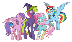 Size: 1400x822 | Tagged: safe, artist:spetu, minty, north star (g1), princess crystal, rainbow dash, earth pony, pegasus, pony, g1, g2, g3, g4, :o, blue eyes, bow, clothes, cyan eyes, female, flying, goggles, goggles on head, group, hat, looking at each other, looking at someone, magenta eyes, mare, mismatched socks, open mouth, partially open wings, purple eyes, quartet, simple background, smiling, socks, sparkly mane, sparkly tail, spread wings, standing, striped socks, tail, tail bow, tall, watermark, white background, wings, witch hat