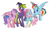 Size: 1400x822 | Tagged: safe, artist:spetu, minty, north star (g1), princess crystal, rainbow dash, earth pony, pegasus, pony, g1, g2, g3, g4, :o, blue eyes, bow, clothes, cyan eyes, female, flying, generation leap, goggles, goggles on head, group, hat, looking at each other, looking at someone, magenta eyes, mare, mismatched socks, open mouth, partially open wings, purple eyes, quartet, simple background, smiling, socks, sparkly mane, sparkly tail, spread wings, standing, striped socks, tail, tail bow, tall, watermark, white background, wings, witch hat