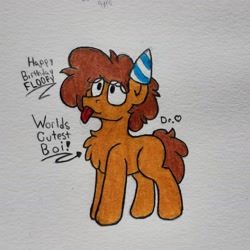 Size: 1775x1775 | Tagged: safe, artist:drheartdoodles, oc, oc:floofy, birthday, chest fluff, colored, hat, party hat, smiling, tongue out, traditional art