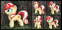 Size: 3668x1754 | Tagged: safe, artist:peruserofpieces, sunset shimmer, pony, unicorn, g4, collage, female, irl, mare, multiple views, photo, plushie, smiling, standing, tree