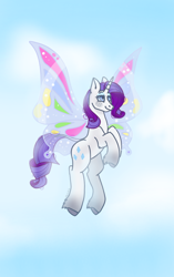 Size: 1440x2288 | Tagged: safe, artist:valkiria, derpibooru exclusive, rarity, butterfly, pony, unicorn, g4, sonic rainboom (episode), butterfly wings, cloud, flying, sky, wings