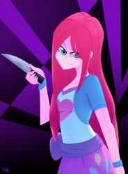 Size: 2199x2992 | Tagged: safe, artist:xan-gelx, pinkie pie, equestria girls, g4, female, high res, knife, looking at you, pinkamena diane pie, solo