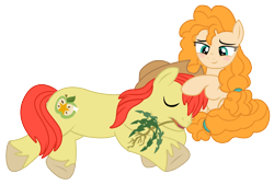 Size: 1304x882 | Tagged: safe, artist:third uncle, bright mac, pear butter, earth pony, pony, g4, the perfect pear, blushing, bucket, cowboy hat, cute, female, hat, husband and wife, male, mare, mouth hold, ship:brightbutter, shipping, simple background, sleeping, stallion, straight, transparent background