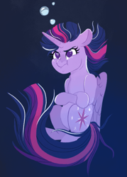 Size: 907x1265 | Tagged: safe, artist:whalepornoz, twilight sparkle, alicorn, pony, g4, angry, blue background, bubble, crossed hooves, female, holding breath, mare, simple background, solo, twilight sparkle (alicorn), underwater