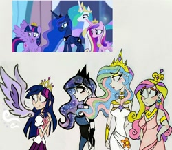 Size: 2453x2139 | Tagged: safe, artist:citi, screencap, princess cadance, princess celestia, princess luna, twilight sparkle, alicorn, human, g4, twilight's kingdom, artificial wings, augmented, clothes, crown, cutie mark, cutie mark accessory, cutie mark on clothes, ear piercing, earring, female, high res, humanized, jewelry, magic, new crown, piercing, regalia, scene interpretation, screencap reference, starry hair, traditional art, twilight sparkle (alicorn), winged humanization, wings, worried, you'll play your part