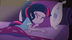 Size: 849x476 | Tagged: safe, artist:sarsath, edit, edited screencap, screencap, sci-twi, twilight sparkle, equestria girls, g4, my little pony equestria girls: legend of everfree, bed, dream, inverted mouth, ponytail, sleeping, smiling, solo