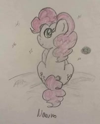 Size: 640x792 | Tagged: safe, artist:wrath-marionphauna, pinkie pie, earth pony, pony, g4, colored pencil drawing, female, here on the moon, looking at you, moon, night, solo, song reference, stars, traditional art