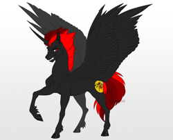 Size: 1600x1300 | Tagged: safe, artist:dementra369, oc, oc only, oc:dark star, alicorn, pony, alicorn oc, fangs, horn, male alicorn oc, raised hoof, red and black oc, red eyes, red mane, smiling, smirk, solo, spread wings, wings