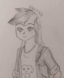 Size: 414x499 | Tagged: safe, artist:wrath-marionphauna, rainbow dash, human, g4, female, humanized, pencil drawing, sketch, smiling, solo, traditional art