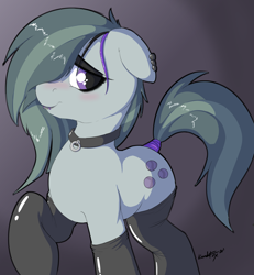 Size: 2000x2164 | Tagged: safe, artist:kundofox, marble pie, earth pony, pony, g4, clothes, collar, cute, ear piercing, emo, female, floppy ears, gradient background, hair over one eye, high res, looking at you, makeup, marblebetes, piercing, raised hoof, socks, solo, stockings, tail wrap, thigh highs
