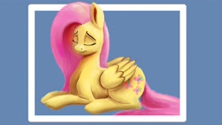 Size: 3482x1959 | Tagged: safe, artist:phutashi, fluttershy, pegasus, pony, g4, eyes closed, female, folded wings, frame, mare, prone, simple background, solo, three quarter view, wings
