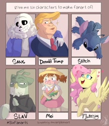 Size: 1080x1244 | Tagged: safe, artist:deraxx_yt, fluttershy, human, pegasus, pony, g4, :d, bone, bust, chest fluff, clothes, crossover, donald trump, female, grin, hat, lilo and stitch, looking up, male, mare, mei kusakabe, my neighbor totoro, necktie, open mouth, sans (undertale), side hug, six fanarts, skeleton, slav (voltron), smiling, stitch, undertale, voltron, voltron legendary defender