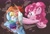 Size: 2916x1955 | Tagged: safe, artist:rigbyh00ves, pinkie pie, rainbow dash, earth pony, pegasus, pony, g4, bust, duo, female, food, mare, pie, pie tin, pied, smiling, surprised, varying degrees of amusement, wide eyes, wings