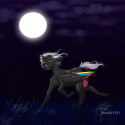 Size: 1000x1000 | Tagged: safe, artist:ohflaming-rainbow, oc, oc only, oc:flaming rainbow, alicorn, pony, alicorn oc, colored wings, female, full moon, horn, mare, moon, multicolored wings, running, solo, wings