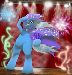 Size: 1000x1042 | Tagged: safe, trixie, pony, g4, bipedal, cape, card, clothes, female, fireworks, low angle, solo, stage, trixie's cape