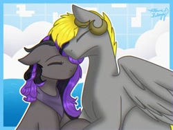 Size: 400x300 | Tagged: artist needed, source needed, safe, oc, oc only, oc:marshy, oc:snuggle, earth pony, pegasus, pony, bandana, cloud, eyes closed, horns, simple background