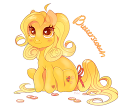Size: 902x792 | Tagged: safe, artist:pinle, butterscotch (g3), g3, blushing, bow, candy, female, food, heart, heart eyes, lollipop, mare, simple background, sitting, text, white background, wingding eyes