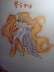 Size: 640x853 | Tagged: safe, artist:kiwwsplash, oc, oc only, alicorn, pony, alicorn oc, curved horn, horn, mane of fire, raised hoof, solo, text, traditional art, wings