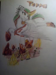 Size: 640x853 | Tagged: safe, artist:kiwwsplash, oc, oc only, alicorn, pony, alicorn oc, glowing horn, hoof shoes, horn, raised hoof, smiling, solo, text, traditional art, wings