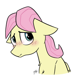 Size: 2000x2000 | Tagged: safe, artist:fakskis, fluttershy, pegasus, pony, g4, adorable distress, adorascotch, blushing, butterscotch, chest fluff, cute, feathered wings, female to male, floppy ears, folded wings, high res, looking at you, male, rule 63, rule63betes, signature, simple background, solo, stallion, white background, wings