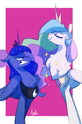 Size: 509x768 | Tagged: safe, artist:anticular, princess celestia, princess luna, alicorn, pony, angry, asserting dominance, chest fluff, chest fluff envy, crown, duo, eyes closed, female, fluffy, jewelry, mare, profile, regalia, royal sisters, sibling rivalry, siblings, sisters, smiling, smuglestia