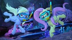 Size: 3840x2160 | Tagged: safe, artist:owlpirate, derpy hooves, fluttershy, pegasus, pony, g4, 3d, bubble, crepuscular rays, dive mask, duo, high res, snorkel, source filmmaker, underwater, water
