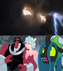 Size: 1920x2160 | Tagged: safe, edit, edited screencap, screencap, cozy glow, lord tirek, queen chrysalis, alicorn, centaur, changeling, changeling queen, pony, g4, the ending of the end, alicornified, comparison, cozycorn, crossover, female, lightning, male, race swap, star wars, star wars rebels, the bendu, ultimate chrysalis