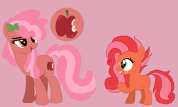 Size: 727x439 | Tagged: safe, artist:somecoconut, oc, oc only, oc:blossom bites, oc:spicy powder, earth pony, pony, base used, blank flank, bow, cutie mark, earth pony oc, female, filly, freckles, hair bow, lidded eyes, offspring, parent:big macintosh, parent:cheerilee, parents:cheerimac, siblings, sisters