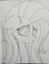 Size: 1836x2391 | Tagged: safe, artist:dandereshy, fluttershy, pegasus, pony, g4, bust, chest fluff, cute, ear fluff, female, lineart, pencil drawing, smiling, smiling at you, traditional art