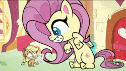 Size: 960x540 | Tagged: safe, screencap, applejack, fluttershy, earth pony, pegasus, pony, g4.5, my little pony: pony life, the trail less trotten, adoracreepy, animated, creepy, cute, duo, female, giant pegasus, giantshy, liarjack, lies, looking at you, macro, mare, shyabetes, sound, stare, staring into your soul, the stare, webm