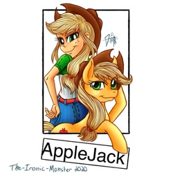 Size: 953x953 | Tagged: safe, alternate version, artist:the_ironic_monster, applejack, earth pony, human, pony, equestria girls, g4, clothes, duo, female, freckles, hat, human ponidox, looking back, mare, raised hoof, self ponidox, signature, smiling