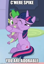 Size: 500x731 | Tagged: safe, edit, edited screencap, editor:twi clown, screencap, spike, twilight sparkle, alicorn, dragon, pony, g4, the ending of the end, caption, cheek squish, cropped, cute, duo, female, hug, image macro, male, mama twilight, mare, meme, sitting, spikabetes, spikelove, squishy cheeks, text, twiabetes, twilight sparkle (alicorn), winged spike, wings