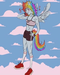 Size: 1080x1350 | Tagged: safe, artist:wacdonals, pegasus, anthro, plantigrade anthro, arm behind head, clothes, cloud, female, heart, on a cloud, shoes, shorts, socks, solo, wings, wristband