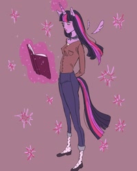 Size: 1080x1350 | Tagged: safe, artist:wacdonals, twilight sparkle, alicorn, anthro, plantigrade anthro, g4, arm behind back, book, clothes, female, floating wings, glowing horn, horn, magic, pants, shoes, socks, solo, telekinesis, twilight sparkle (alicorn), wings